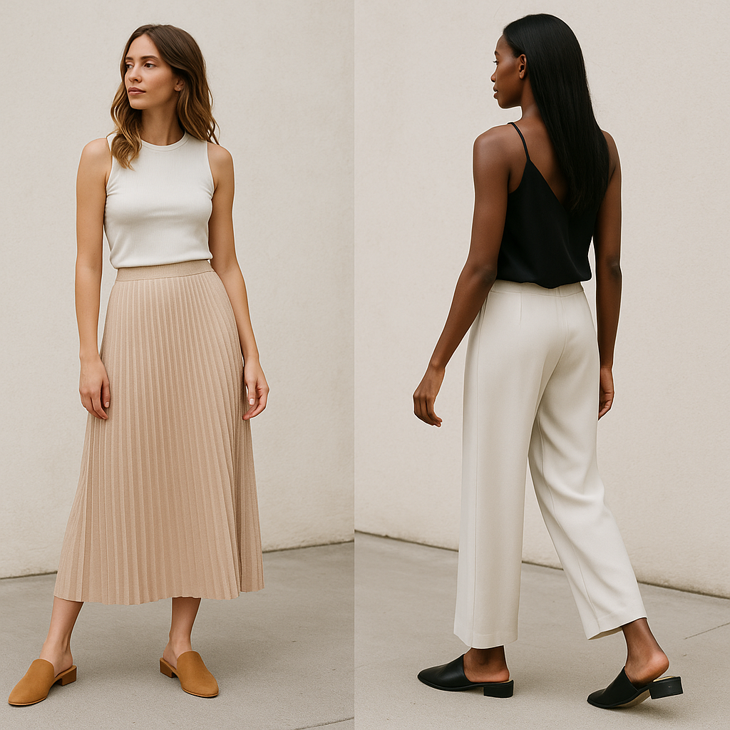 une femme portant des mules avec un pantalon fluide et une autre avec une jupe