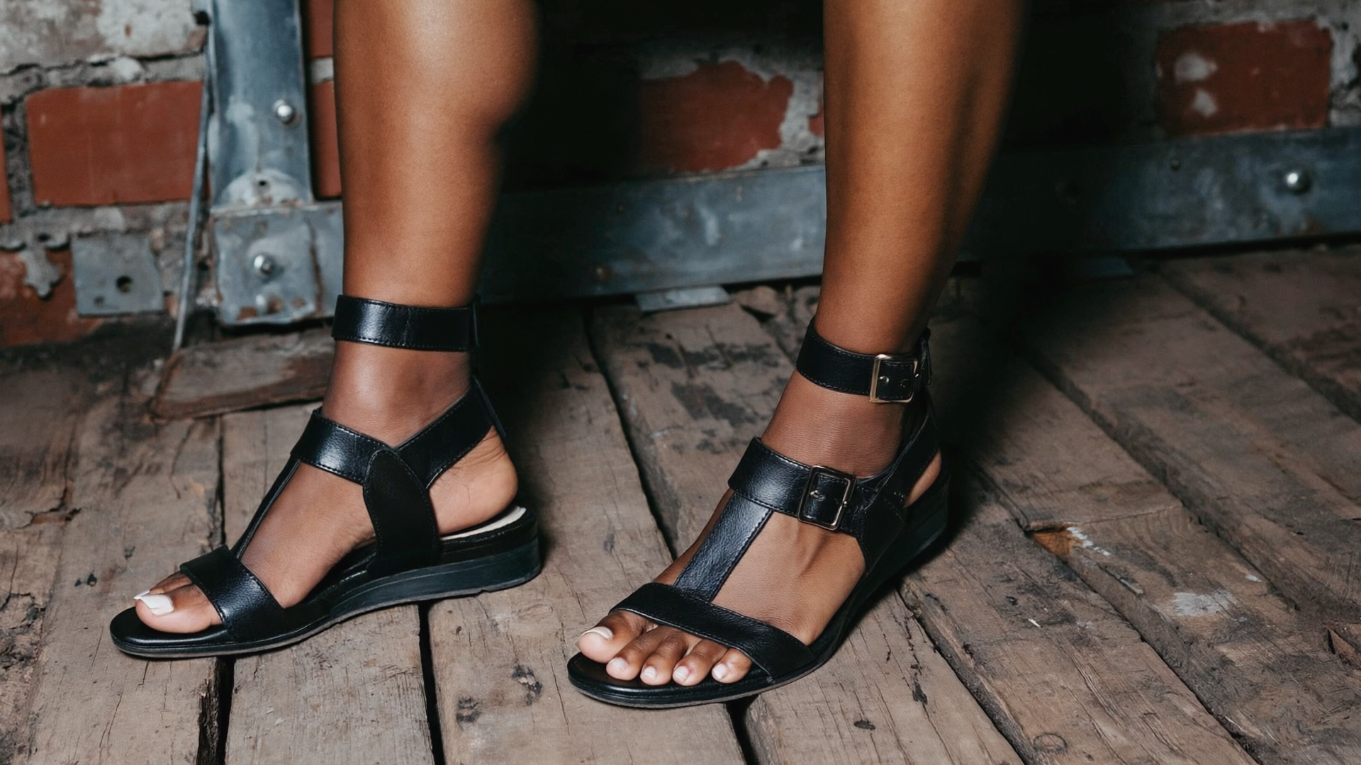 Des sandales à larges brides noires en cuir
