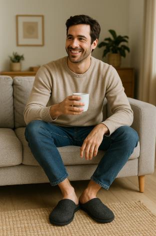 Un homme portant des chaussons à la maison
